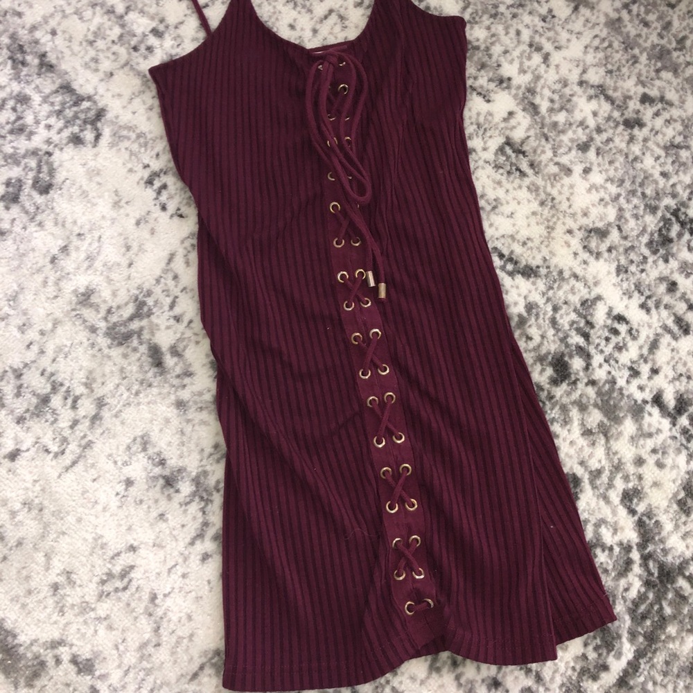 Wine, gold hardware lace up minidress